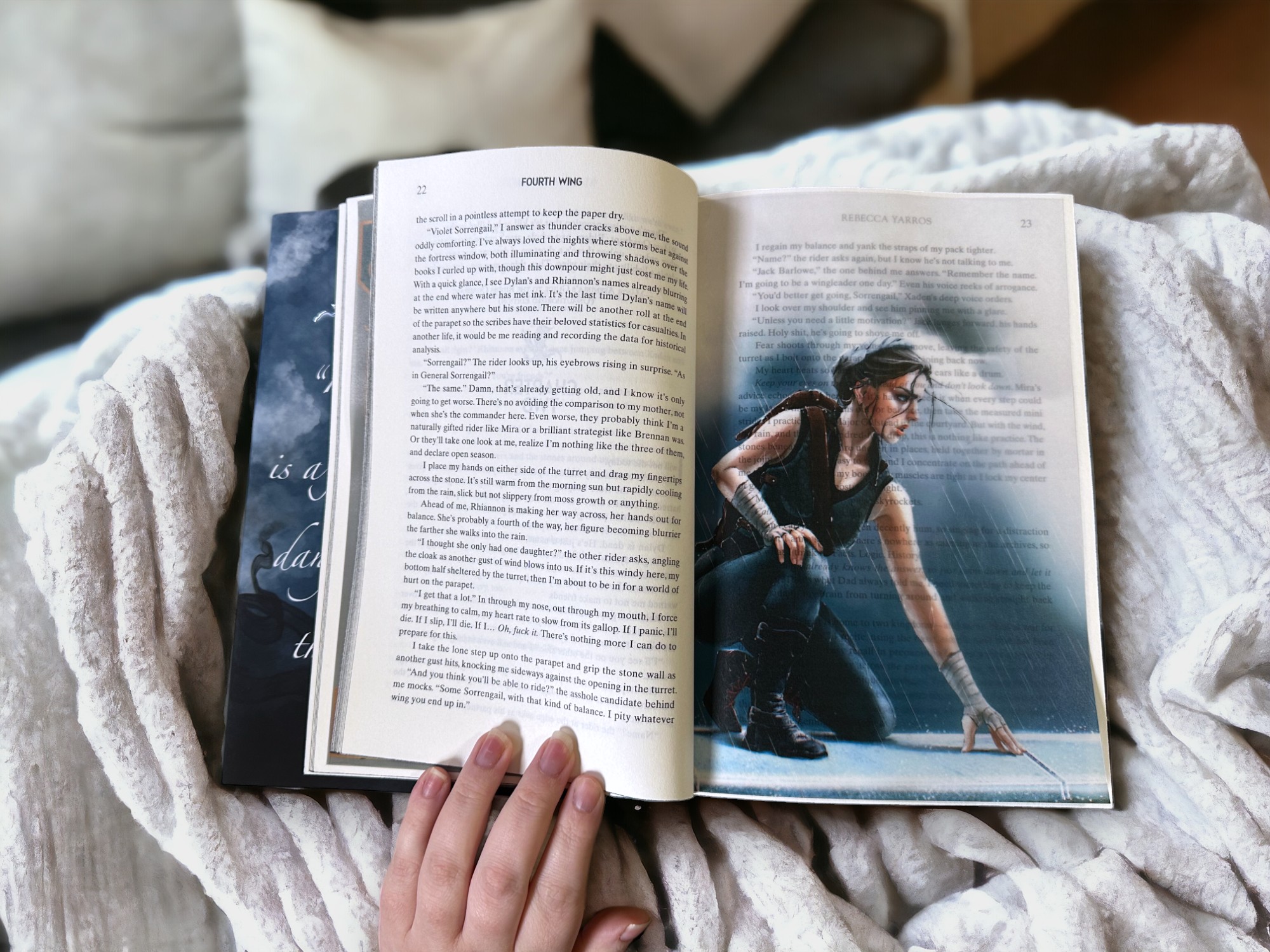 Open book on a blanket with page overlay